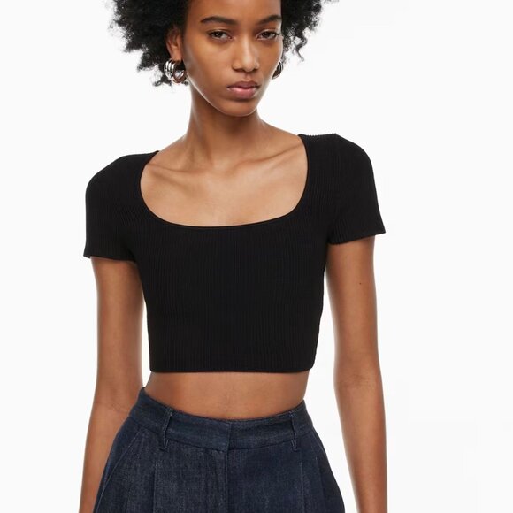 New Babaton Black Ribbed Women's Top Aritzia Cropped Sculpt Knit Medium Square - Picture 6 of 7